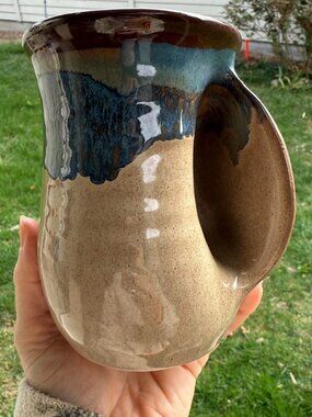 Ceramic Hand Warmer Mug, Right Hand, Blue Drip Glaze, 14oz